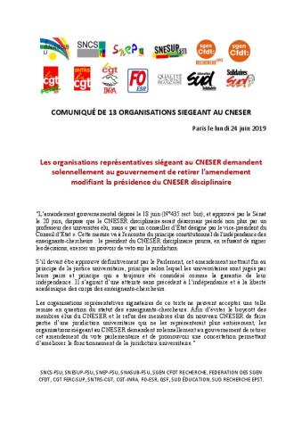 Communiqué de presse intersyndical de 13 organisations siégeant au CNESER - 24 juin 2019