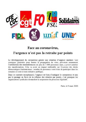 Face au coronavirus,  l’urgence n’est pas la retraite par points  - Communiqué intersyndical du 9 mars 2020
