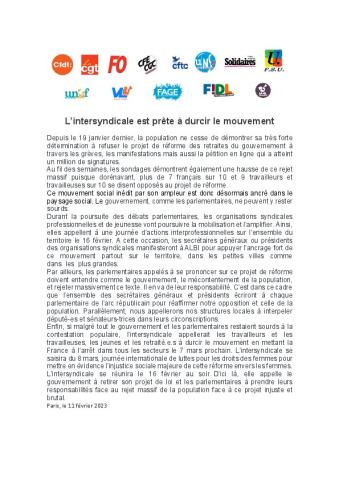 L'intersyndicale est prête à durcir le mouvement- Communiqué de l'intersyndicale du 11 février 2023