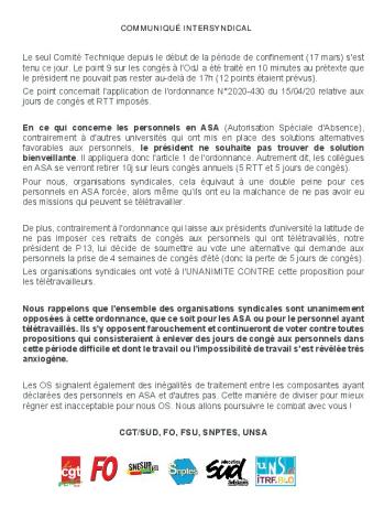 Université Sorbonne Paris Nord : Communiqué des organisations syndicales, 16 juin 2020