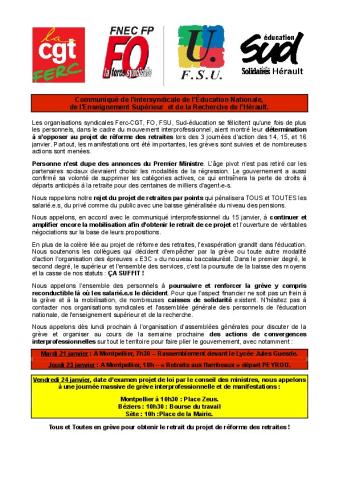 Hérault : Communiqué de l’intersyndicale de l’Éducation Nationale, de l'Enseignement Supérieur et de la Recherche de l’Hérault, 17 janvier 2020