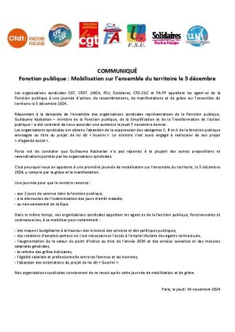 Fonction publique : Mobilisation sur l'ensemble du territoire le 5 décembre - Communiqué intersyndical du 14 novembre 2024