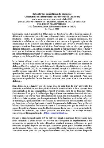 Strasbourg : « Rétablir les conditions du dialogue » - Communiqué de l’intersyndicale de l’université de Strasbourg  sur le mouvement en cours contre la loi ORE