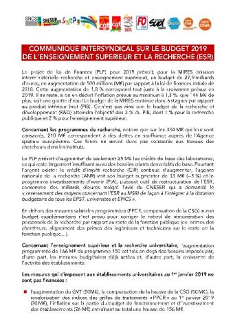 Communiqué intersyndical sur le budget 2019 de l’enseignement supérieur et la recherche, 16 novembre 2018