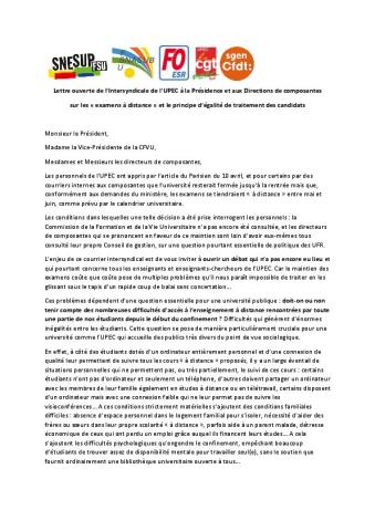 Université Paris-Est Créteil : Lettre ouverte de l'intersyndicale à la Présidence et aux directions de composantes sur les « examens à distance » et le principe d'égalité de traitement des candidats - 13 avril 2020