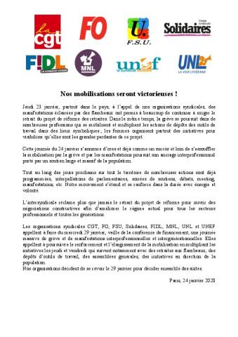 Nos mobilisations seront victorieuses ! - Communiqué Interprofessionnel du 24 janvier 2020