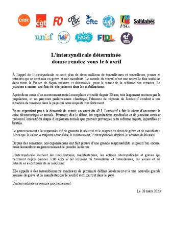 L'intersyndicale déterminée donne rendez-vous le 6 avril - Communiqué interprofessionnel du 28 mars 2023