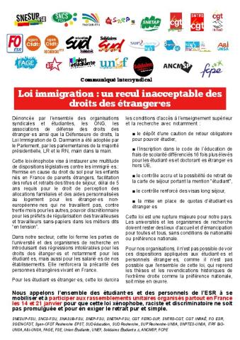 Mobilisations contre la loi immigration les 14 et 21 janvier 2024 - Communiqué intersyndical du 10 janvier 2024