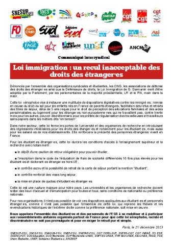 Loi immigration : un recul inacceptable des droits des étranger·es - Communiqué intersyndical du 21 décembre 2023