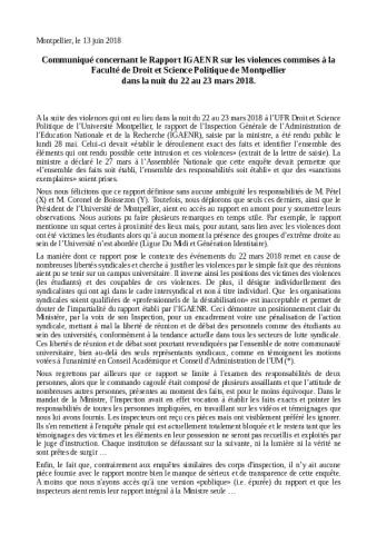 Montpellier : Communiqué concernant le Rapport IGAENR sur les violences commises à la Faculté de Droit et Science Politique 