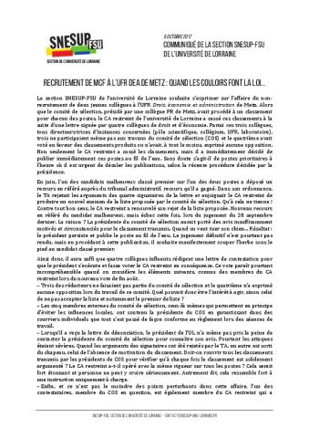 Lorraine: Recrutement de MCF à l’UFR DEA de Metz : Quand les couloirs font la loi... 