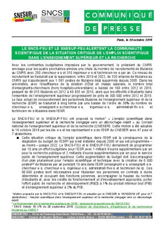 EMPLOI SCIENTIFIQUE : ALERTE DU SNESUP ET DU SNCS