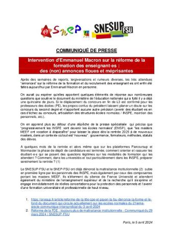 Intervention d'Emmanuel Macron sur la réforme de la FDE : des (non) annonces floues et méprisantes - Communiqué SNESUP-FSU et SNEP-FSU du 5 avril 2024
