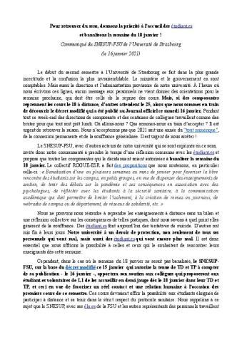 Pour retrouver du sens, donnons la priorité à l’accueil des étudiant.es et banalisons la semaine du 18 janvier ! - CP du SNESUP-FSU de l'Université de Strasbourg, 16 janvier 2021