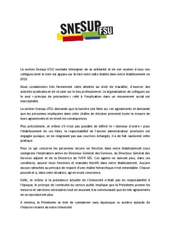 Liste noire à l'université Toulouse Jean Jaurès : Communiqué de la section SNESUP-FSU, 23 janvier 2020