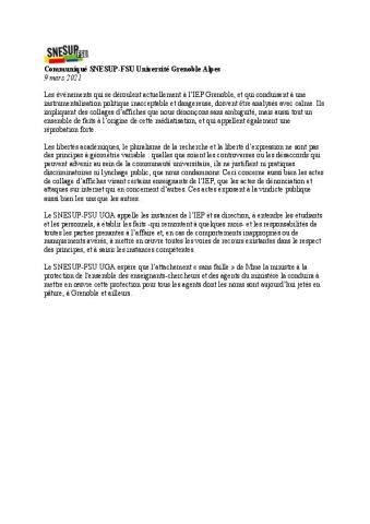 Université Grenoble Alpes : Communiqué de presse de la section SNESUP-FSU du 9 mars 2021