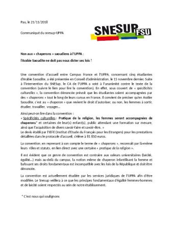Non aux « chaperons » saoudiens à l’UPPA :  l’Arabie Saoudite ne doit pas nous dicter ses lois ! - Communiqué de la section SNESUP-FSU DE L'UPPA
