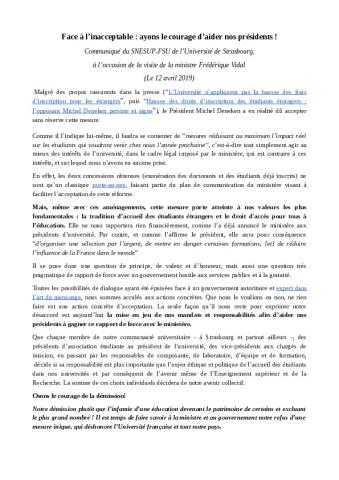 Université de Strasbourg : Appel à la démission. Face à l’inacceptable : ayons le courage d’aider nos présidents ! - Communiqué de la section SNESUP-FSU de Strasbourg, 12 avril 2019
