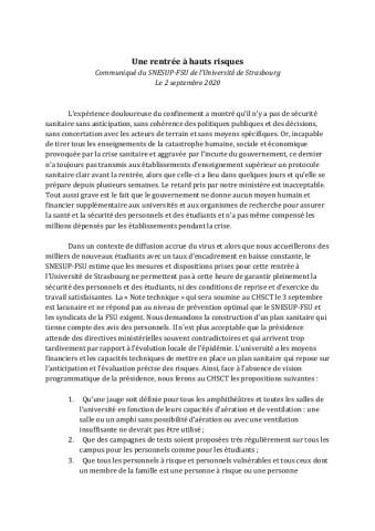 Une rentrée à hauts risques : communiqué du SNESUP-FSU de l'université de Strasbourg, 2 septembre 2020