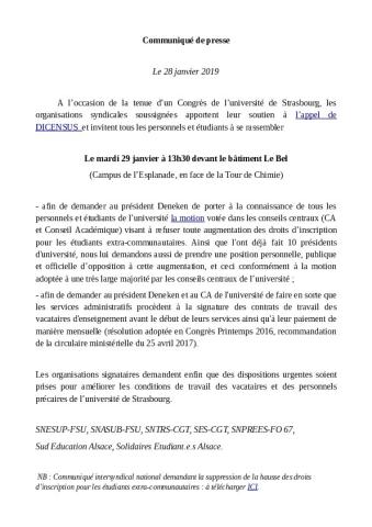 Université de Strasbourg : Communiqué de presse intersyndical du 28 janvier 2019