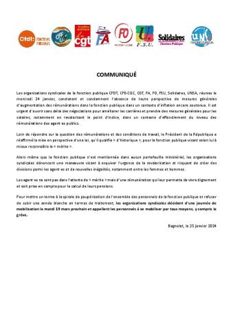 Mobilisation pour la Fonction publique le 19 mars – communiqué intersyndical du 25 janvier 2024