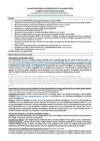 Compte-Rendu du CS du CNRS des 22 et 23/11/18