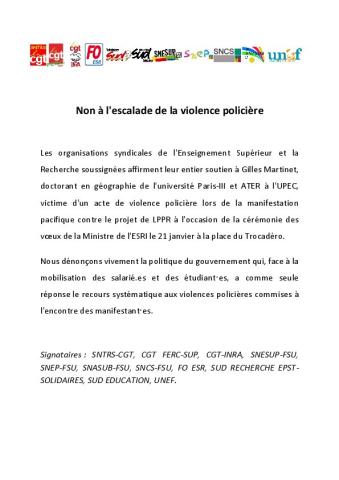 Non à l'escalade de la violence policière ! - CP intersyndical ESR du 24 janvier 2020
