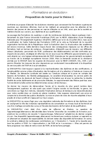 Thème 1 : Formations en évolution