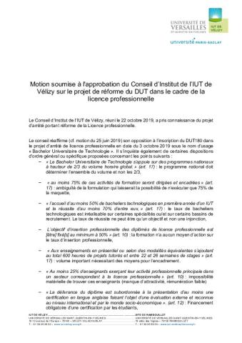 Motion soumise à l'approbation du Conseil d’Institut de l’IUT de Vélizy sur le projet de réforme du DUT dans le cadre de la licence professionnelle