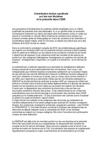 Contribution d'Action syndicale sur les non titulaires et la précarité dans l’ESR - 15 juin 2021