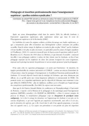 Pédagogies et insertion professionnelle dans l'enseignement supérieur : quelles entrées syndicales ?