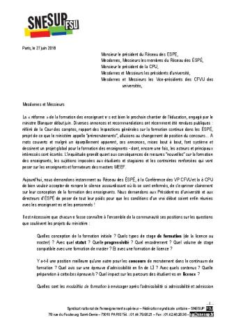 Lettre au Réseau des ESPE, à la CPU et le réseau des VP-CFVU 