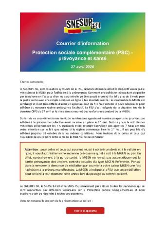 Courrier d'information sur la Protection sociale complémentaire (PSC) prévoyance et santé - 27 avril 2026