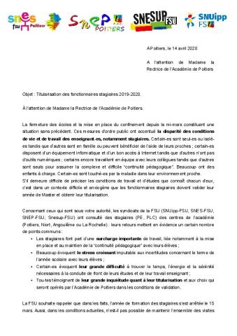 Titularisation des fonctionnaires stagiaires 2019-2020 (courrier de la FSU de l'académie de Poitiers au Rectorat de l'académie)
