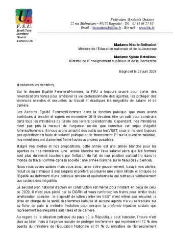 11 mesures pour l'EGALITE F/H - Lettre FSU du 28 juin 2024 aux ministres EN et ESR 