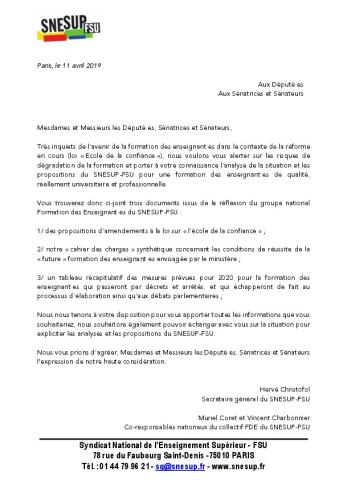 Adresse aux parlementaires sur les dispositions relatives à la FDE dans la loi "École de la confiance" (avril 2019)