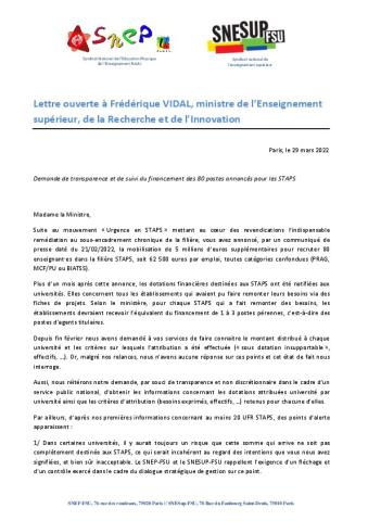STAPS - Lettre ouverte du SNESUP-FSU et du SNEP-FSU à Madame la Ministre de l'ESR, du 29 mars 2022