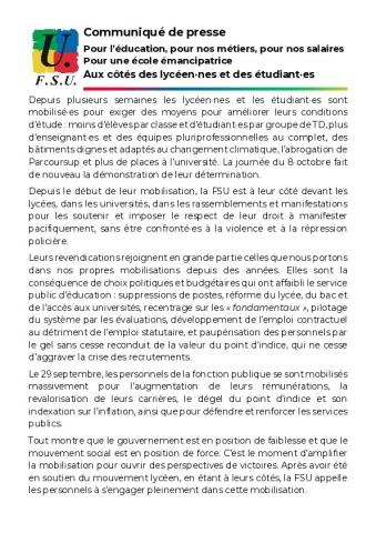 Mobilisé.es le 13 octobre - Communiqué de presse FSU du 9 octobre 2026