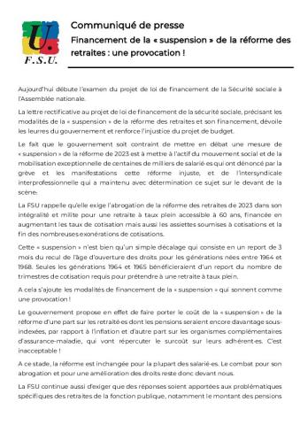 Financement de la « suspension » de la réforme des retraites : une provocation ! - Communiqué de la FSU du 27 octobre 2025