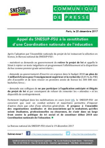 Appel du SNESUP à la constitution d'une Coordination nationale de l'éducation