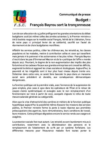 Budget : François Bayrou sort la tronçonneuse - Communiqué de la FSU du 15 juillet 2025