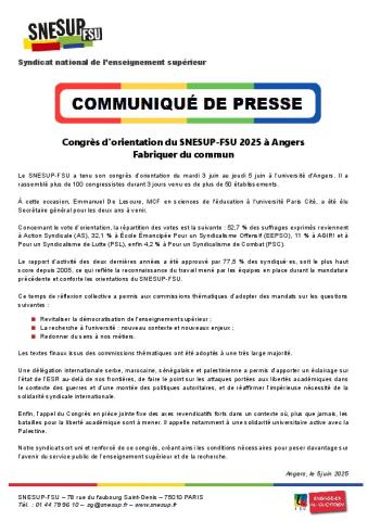 Congrès d'orientation du SNESUP-FSU 2025 à Angers - Fabriquer du commun - Communiqué de presse du 5 juin 2025