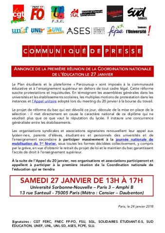 ANNONCE DE LA PREMIÈRE RÉUNION DE  LA COORDINATION NATIONALE DE L’ÉDUCATION LE 27 JANVIER