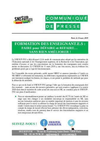 Formation des enseignant.e.s : FAIRE pour DÉFAIRE et REFAIRE… Sans rien améliorer ! - Communiqué de presse du 14 mars 2019