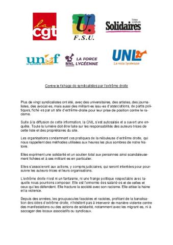 Contre le fichage de syndicalistes par l’extrême droite - Communiqué de presse FSU du 21 septembre 2021