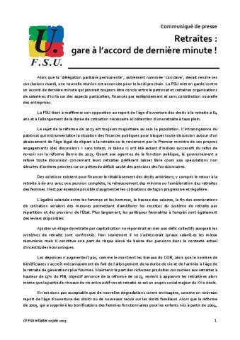Communiqué de la FSU du 20 juin 2025 - Retraites : gare à l’accord de dernière minute !