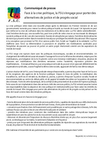 Face à la crise politique, la FSU s'engage pour porter des alternatives de justice et de progrès social - Communiqué FSU du 7 octobre 2025