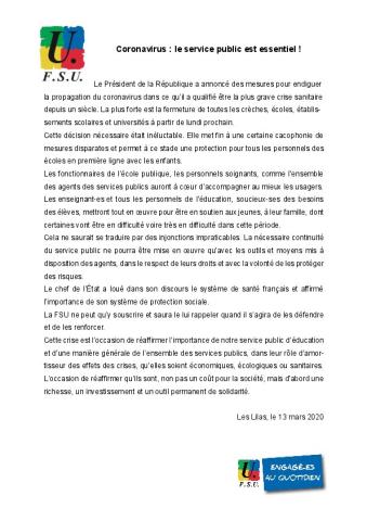 Coronavirus : le service public est essentiel ! - Communiqué de presse de la FSU du 13 mars 2020