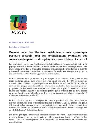 Résultats premier tour des élections législatives - Communiqué de la FSU du 13 juin 2022