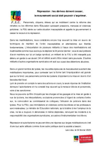 Répression : les dérives doivent cesser, le mouvement social doit pouvoir s’exprimer - Communiqué de la FSU, 4 février 2020
